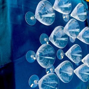 Set of 12 German intricately etched martini glasses 6” tall